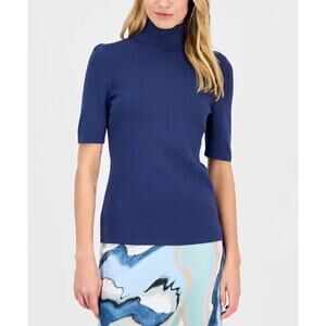 Anne Klein Women's Half-Sleeve Turtleneck Sweater Blue Carbon Size M